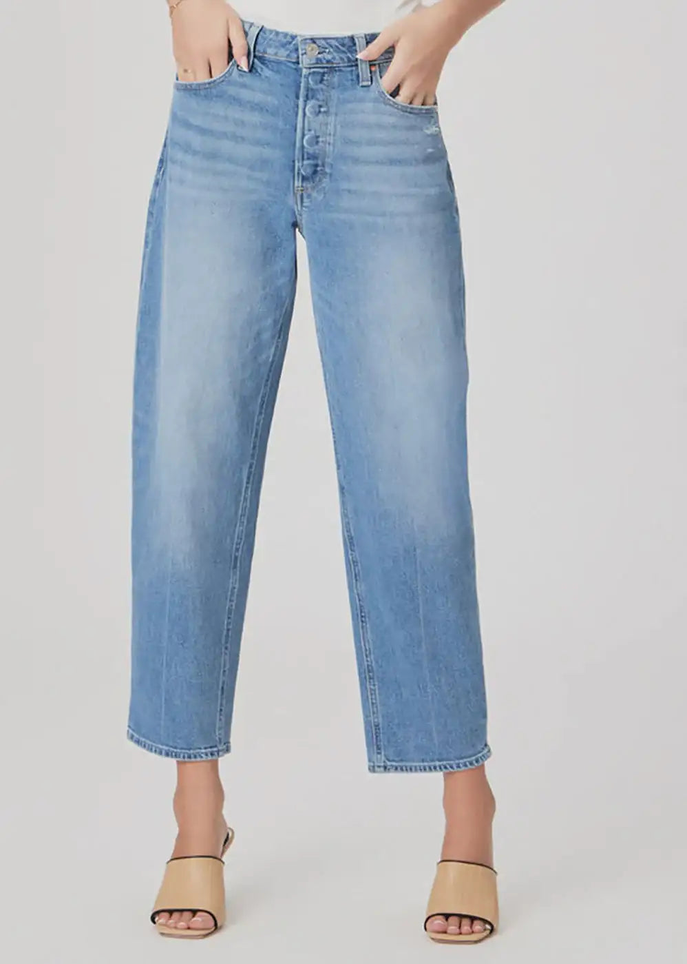 Light blue high-waisted wide-leg jeans with button fly, casual fashion style