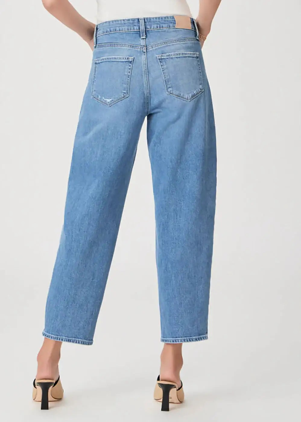 Back view wide leg blue jeans on model with beige heels, casual fashion style