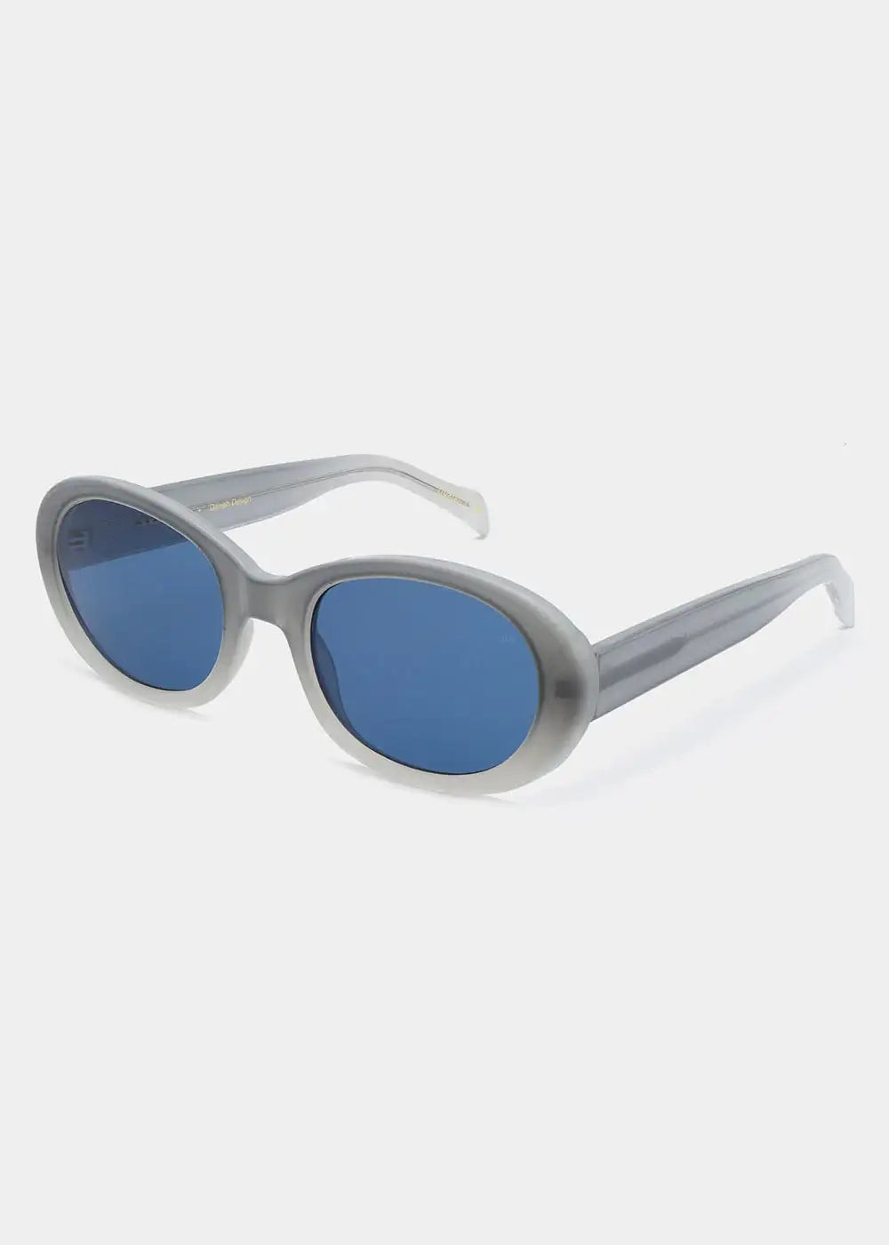 Oval grey sunglasses with blue lenses, modern eyewear on white background