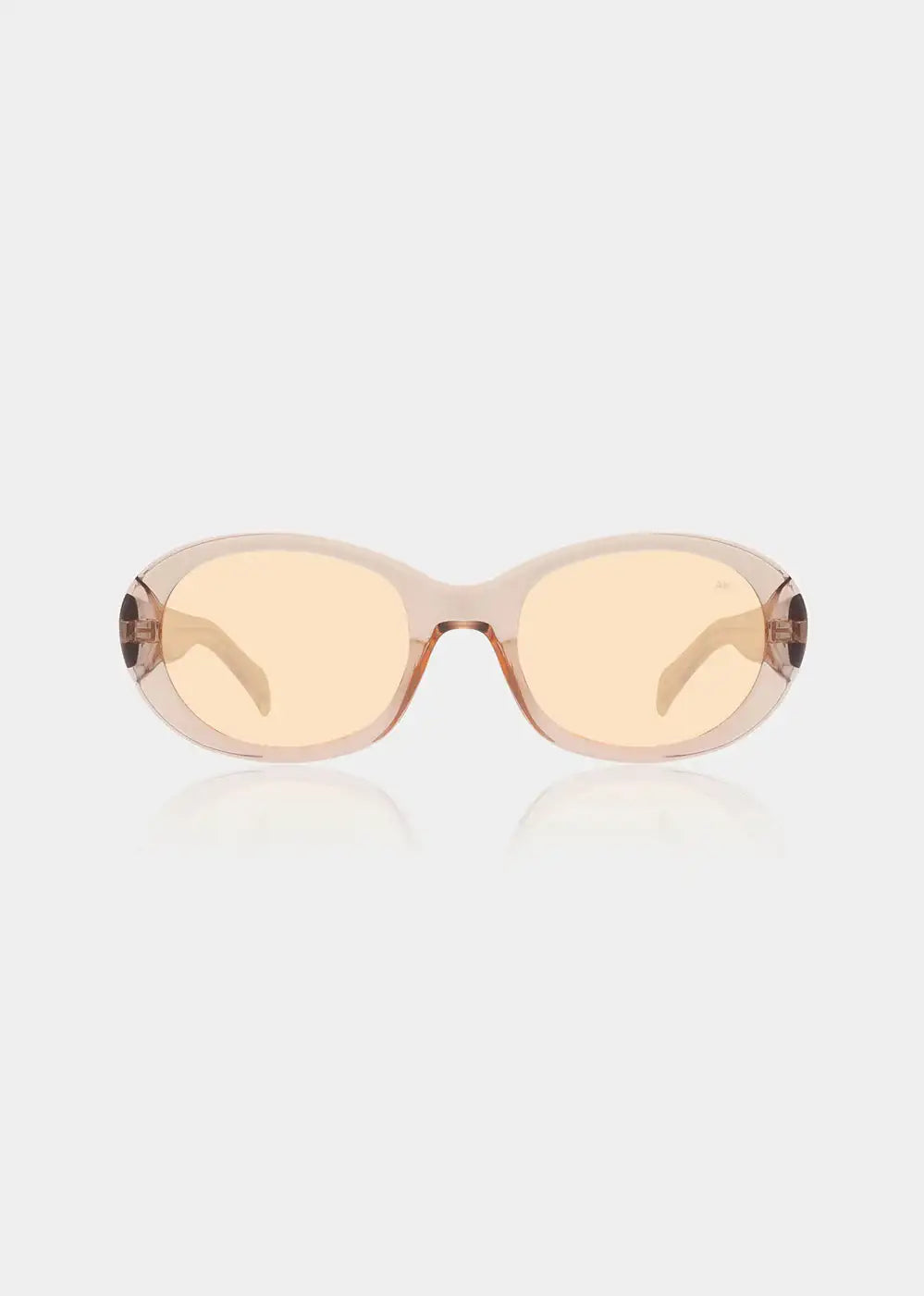Champagne oval sunglasses with translucent peach frame and light tinted lenses on white background