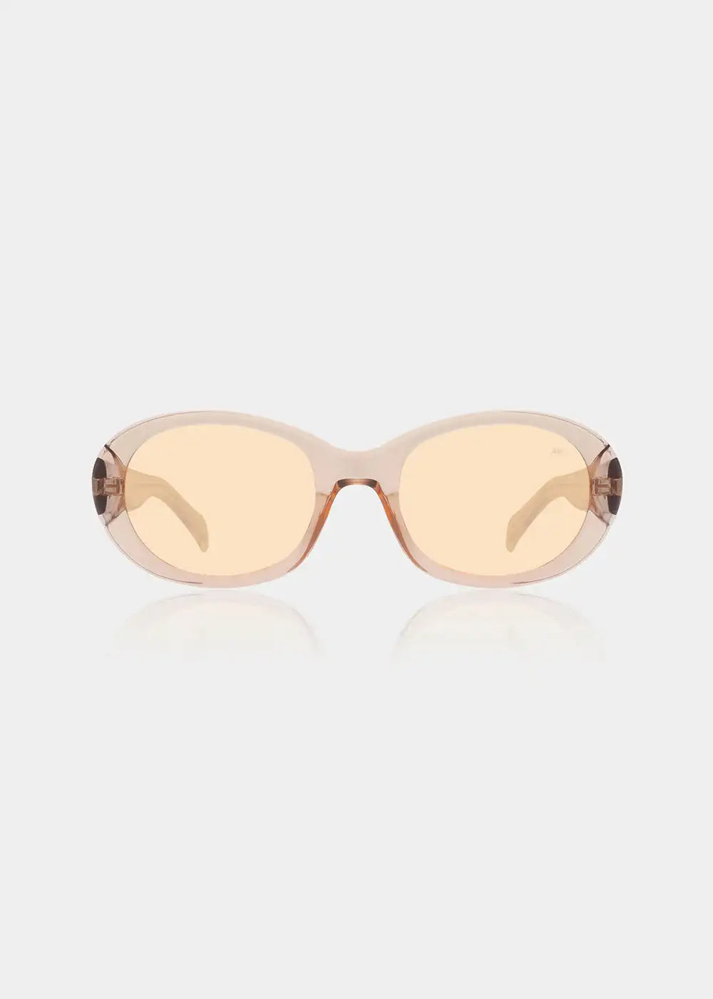 Champagne oval sunglasses with translucent peach frame and light tinted lenses on white background