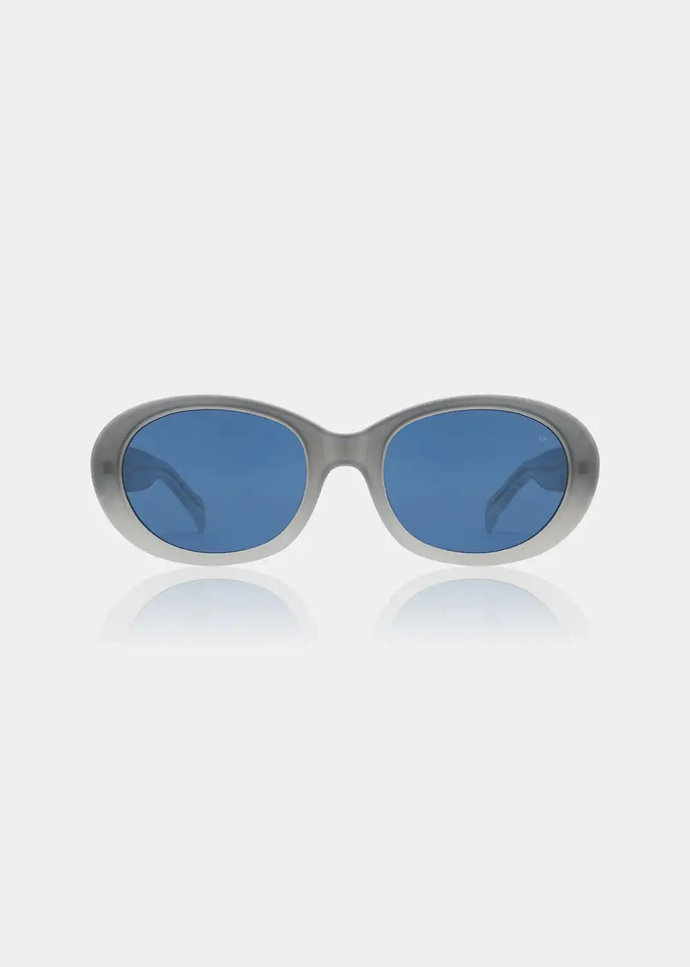 Oval grey sunglasses with blue lenses on a white background