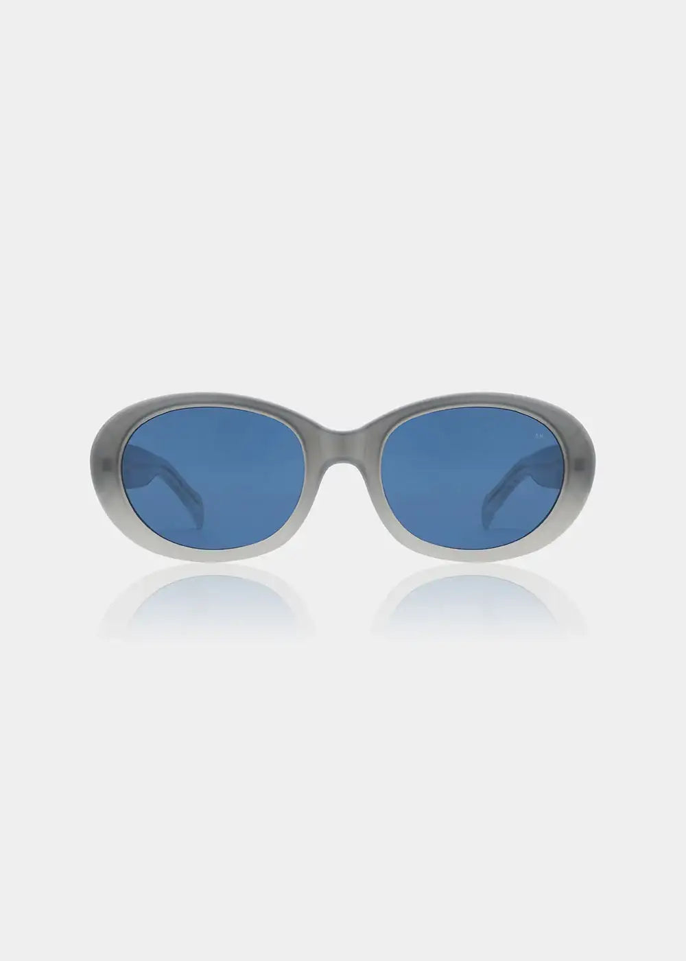 Oval grey sunglasses with blue lenses on a white background