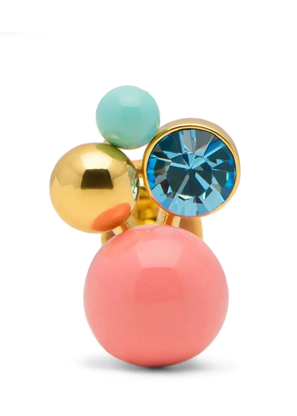 Gold plated stud earring with coral, turquoise, gold, and blue crystal beads
