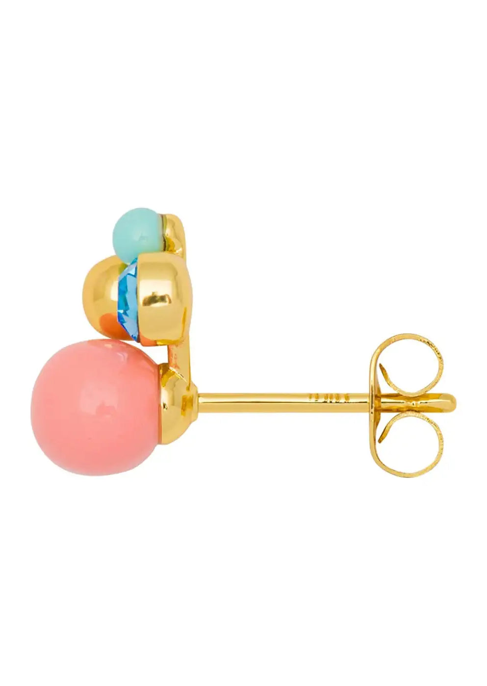 Gold plated stud earring with coral pink, turquoise, and blue bead accents