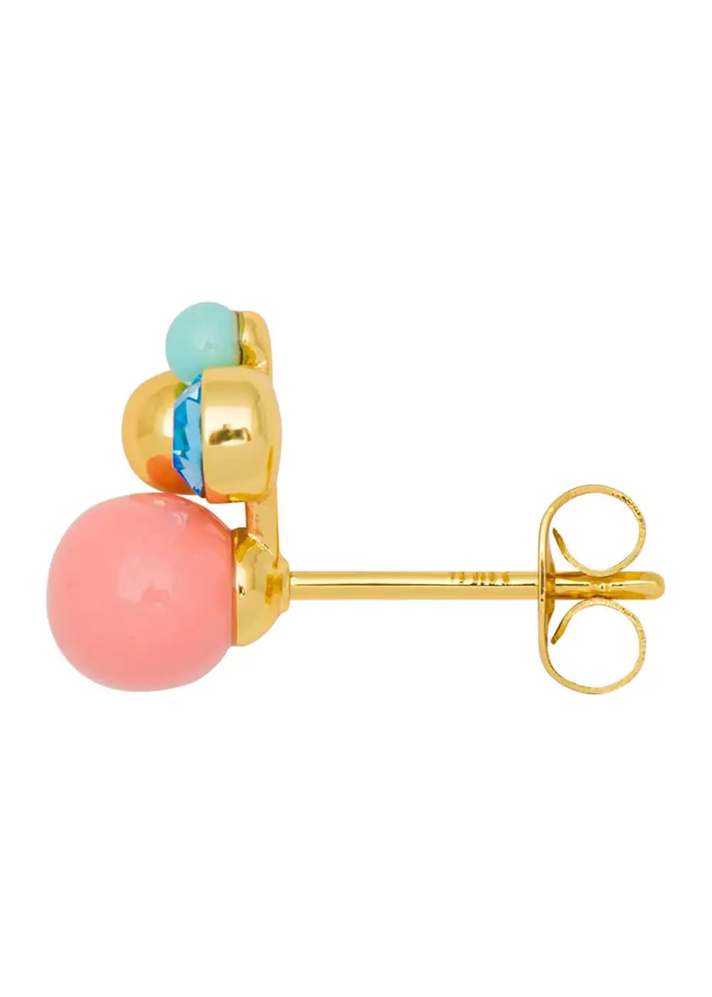 Gold plated stud earring with coral pink, turquoise, and blue bead accents