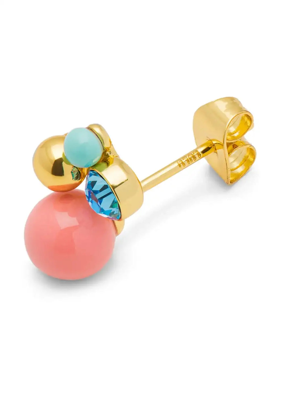 Gold-plated stud earring with coral pink bead, turquoise accent, and blue crystal detail