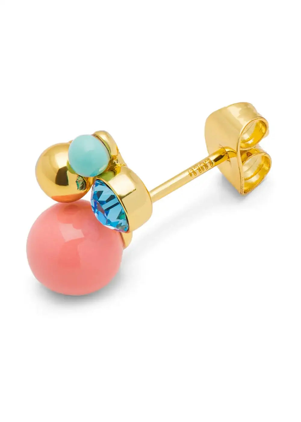 Gold-plated stud earring with coral pink bead, turquoise accent, and blue crystal detail