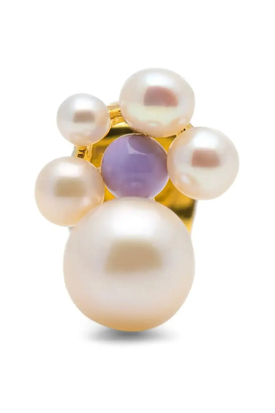 Gold plated stud earring with clustered white pearls and a central lavender bead