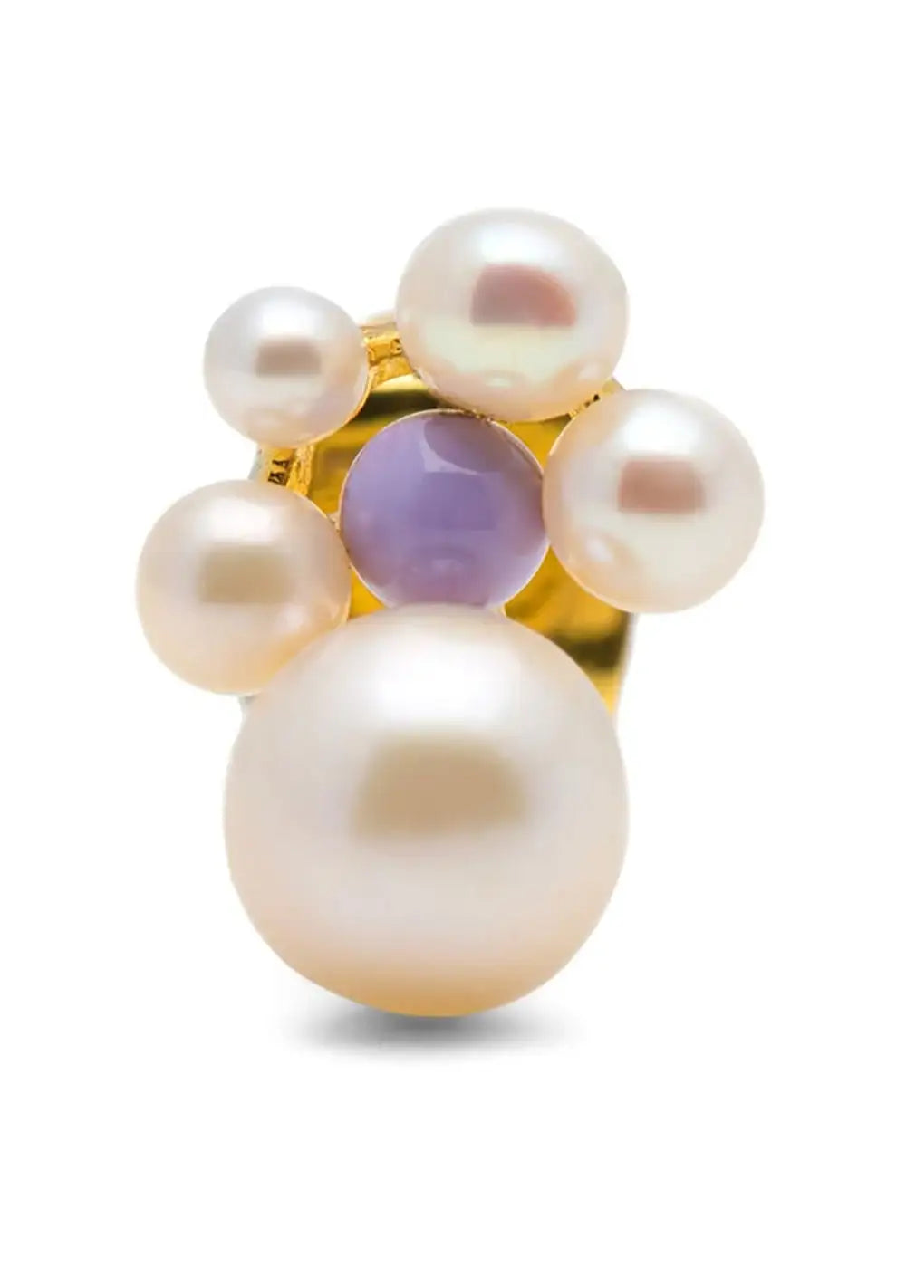 Gold plated stud earring with clustered white pearls and a central lavender bead