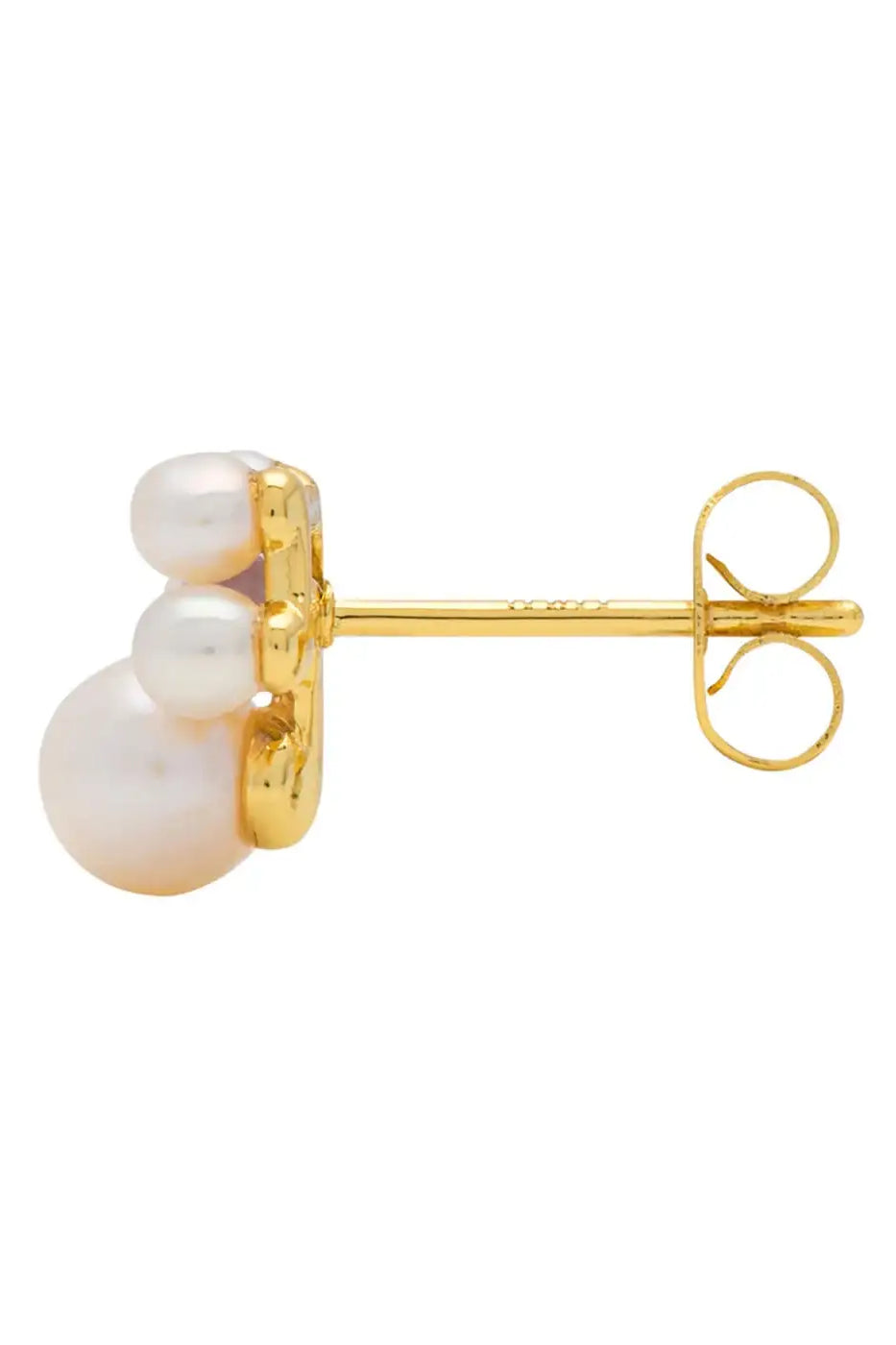 Gold plated stud earring with three clustered white pearls, minimalist jewelry design