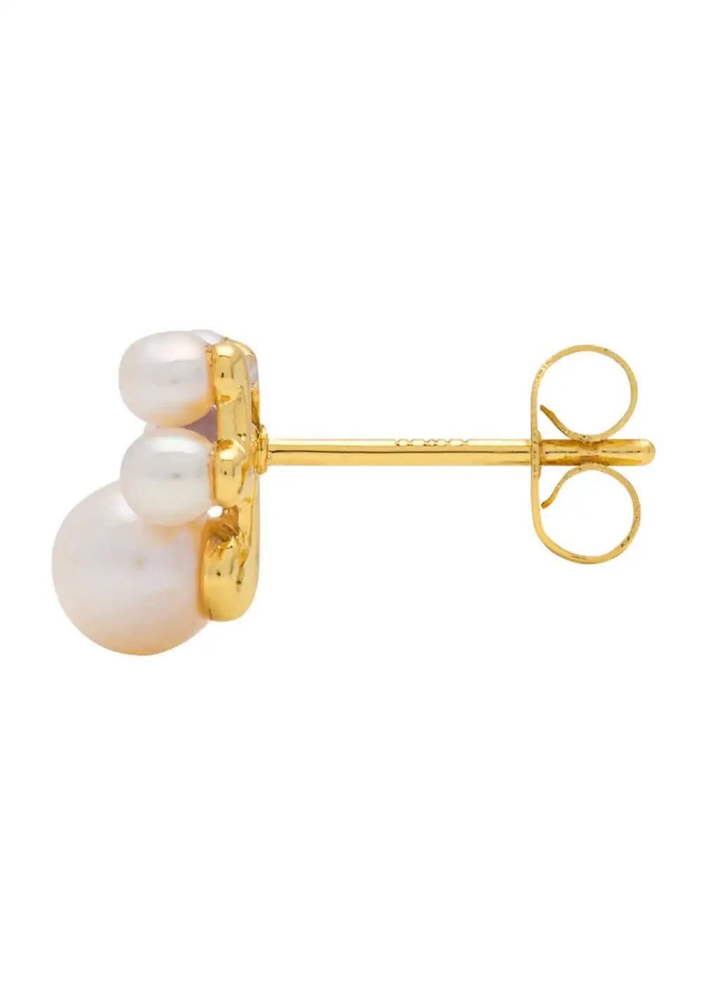 Gold plated stud earring with three clustered white pearls, minimalist jewelry design