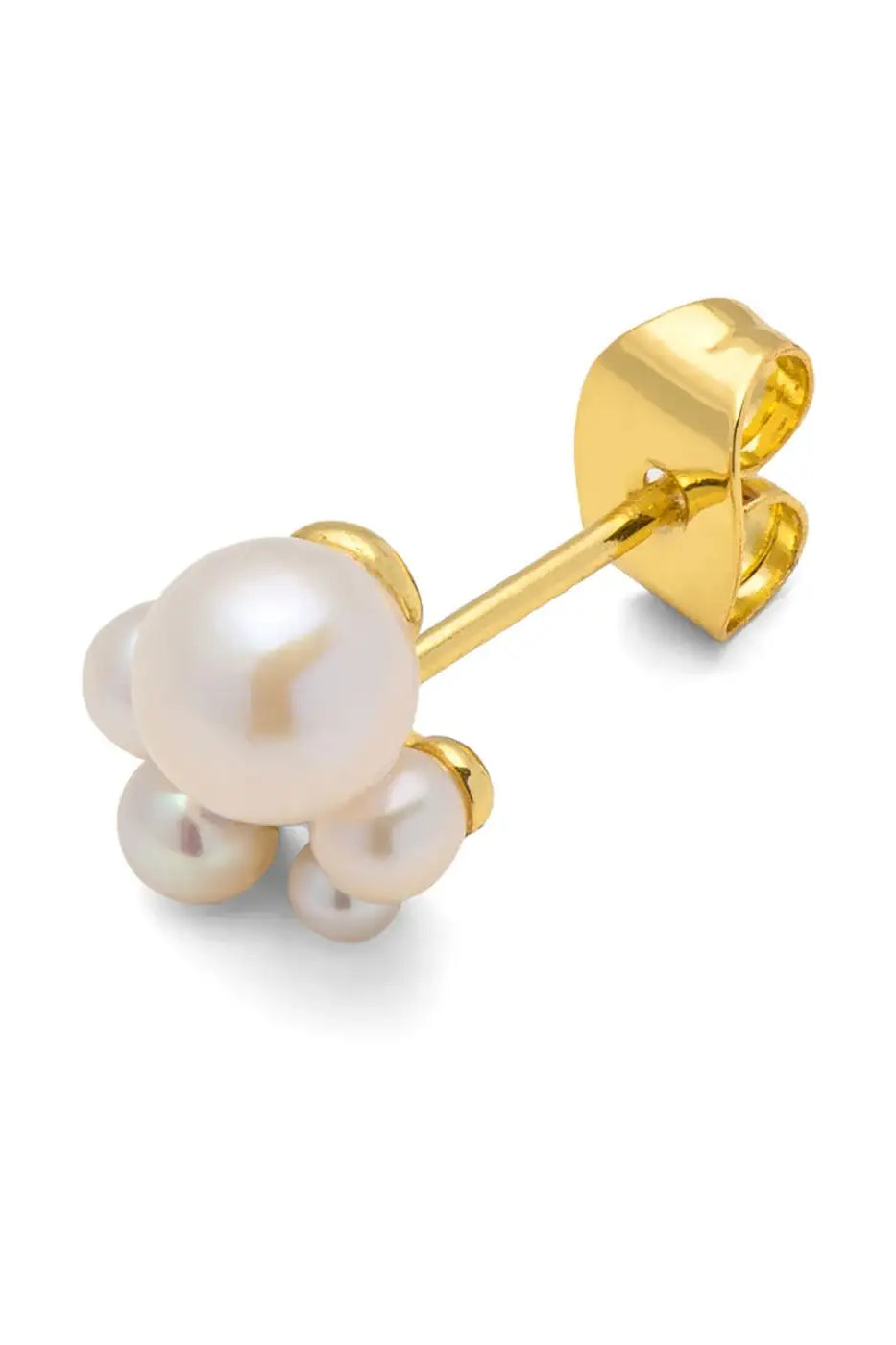 Gold plated stud earring with clustered white pearls on a white background