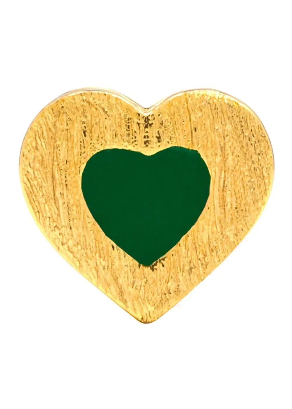 Gold-plated heart stud earring with textured finish and green enamel center