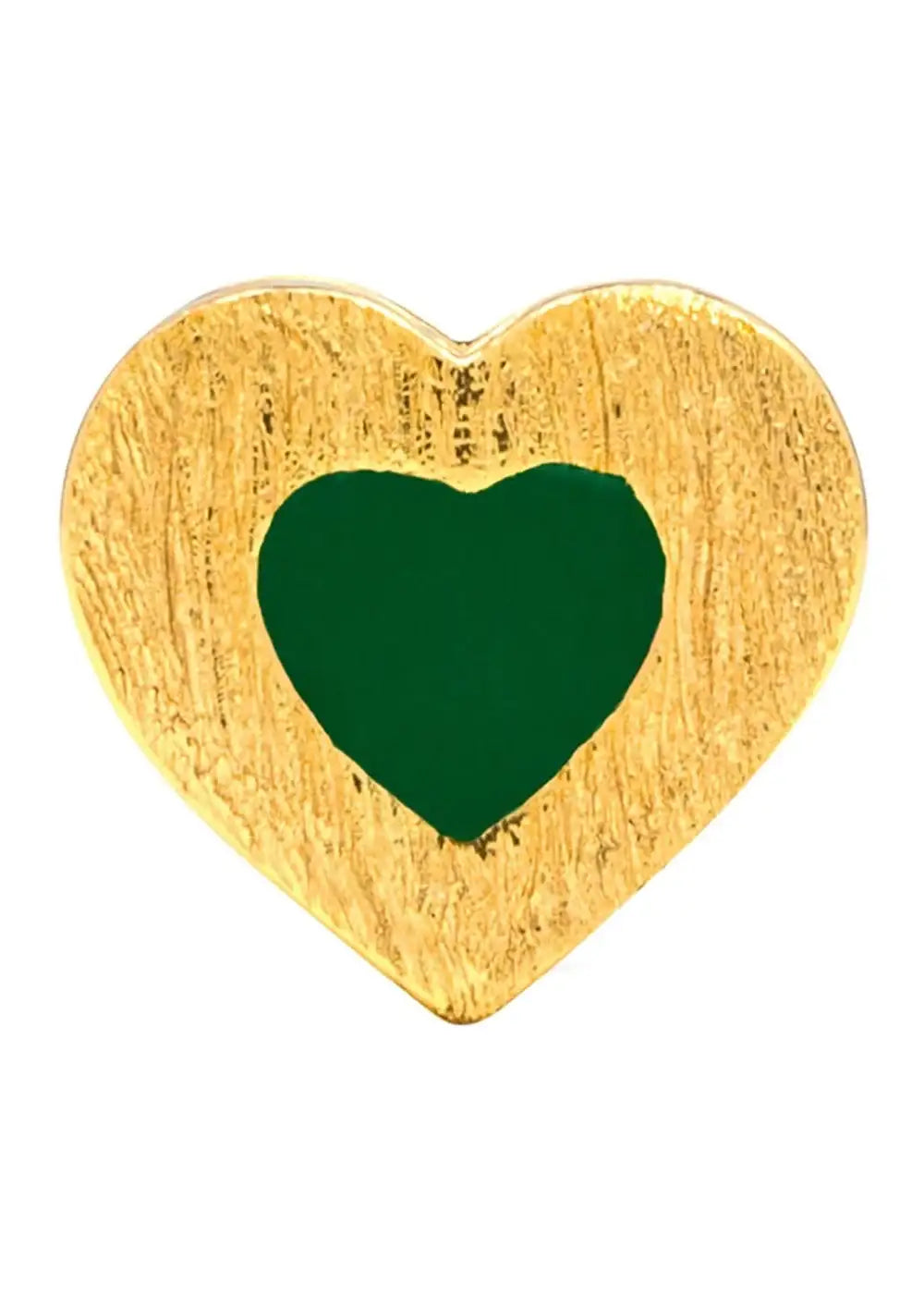Gold-plated heart stud earring with textured finish and green enamel center