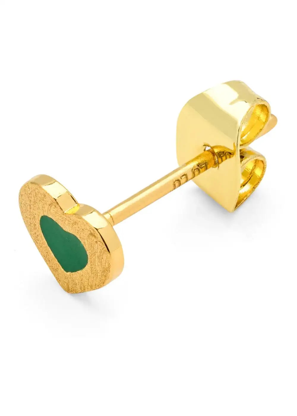 Gold plated heart stud earring with green inlay on white background