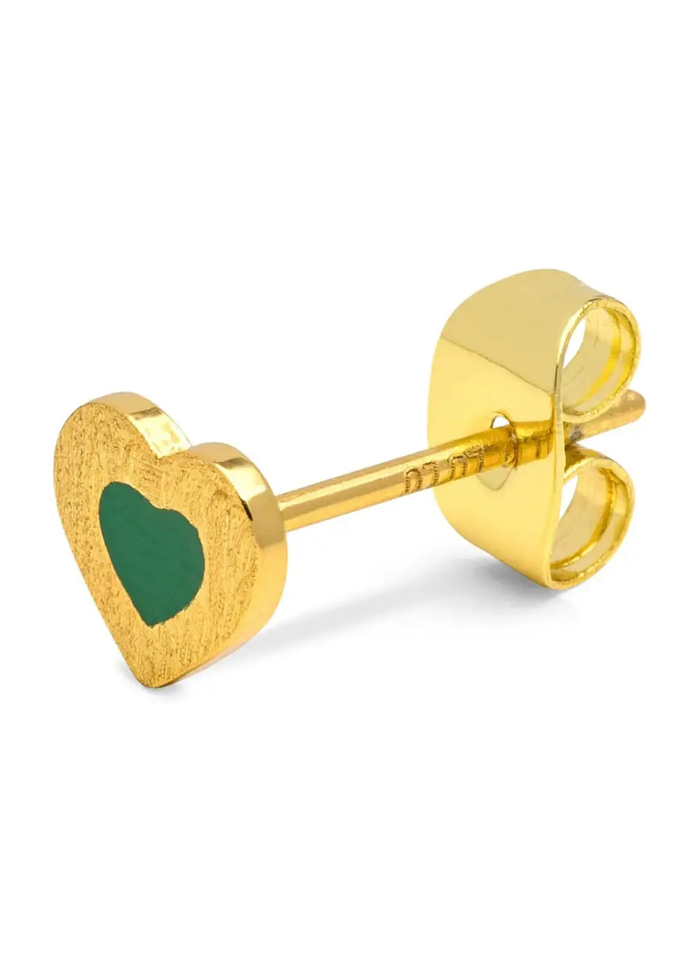 Gold-plated heart-shaped stud earring with green enamel center on white background