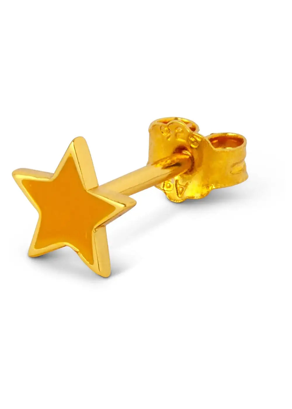 Gold plated star stud earring with marigold yellow enamel on white background