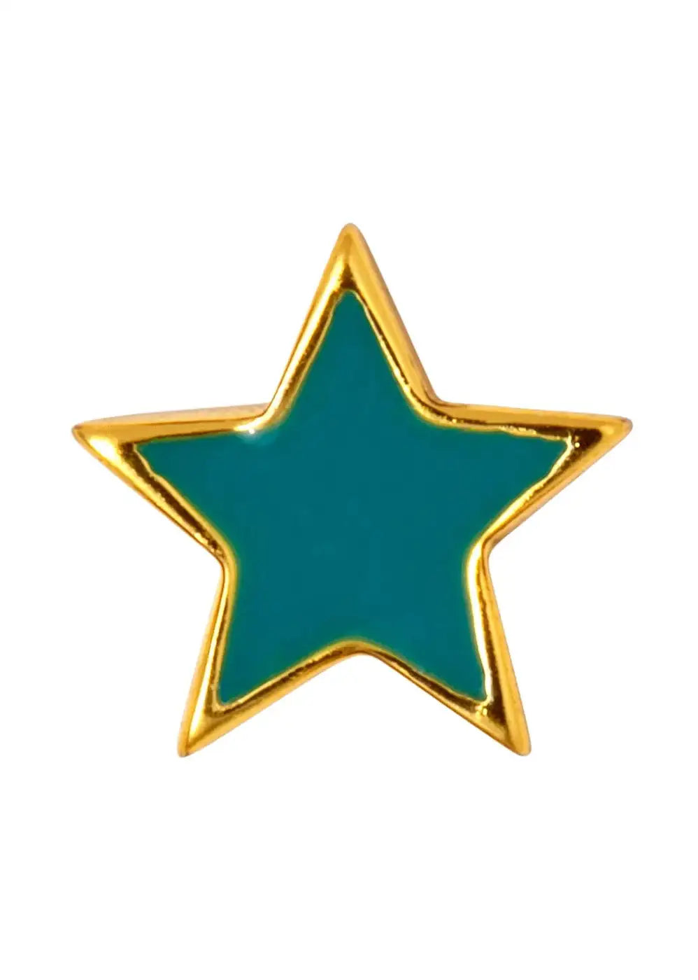Gold plated star-shaped ear stud with petrol blue enamel center on white background