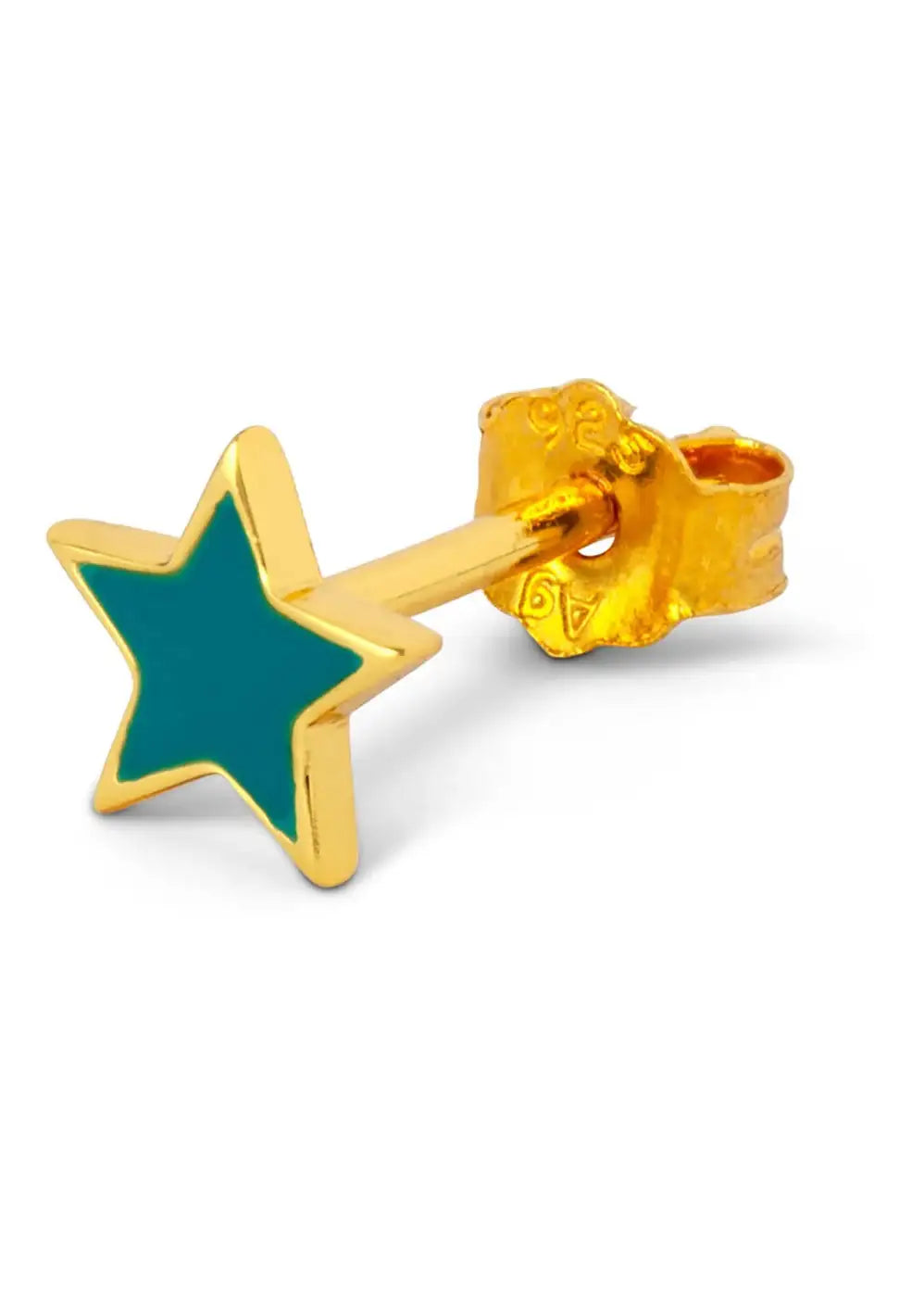 Gold plated star ear stud with petrol blue enamel, minimalist jewelry on white background