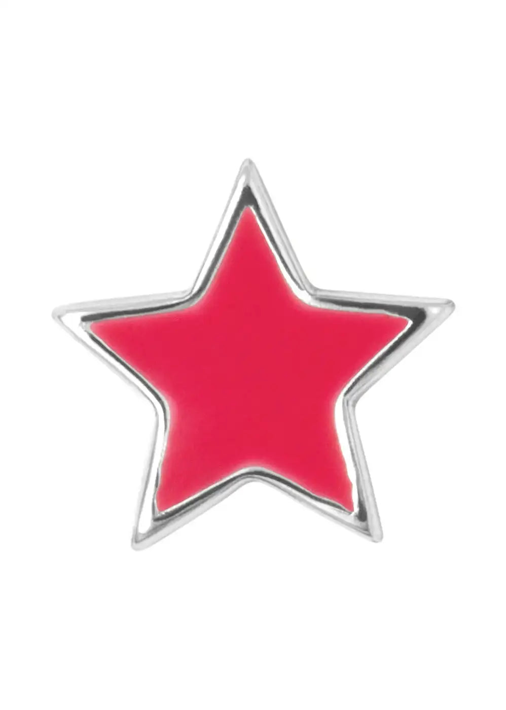 Pink star-shaped silver stud earring with smooth enamel finish on white background