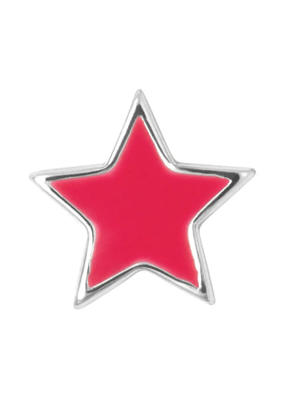 Pink star-shaped silver stud earring with smooth enamel finish on white background