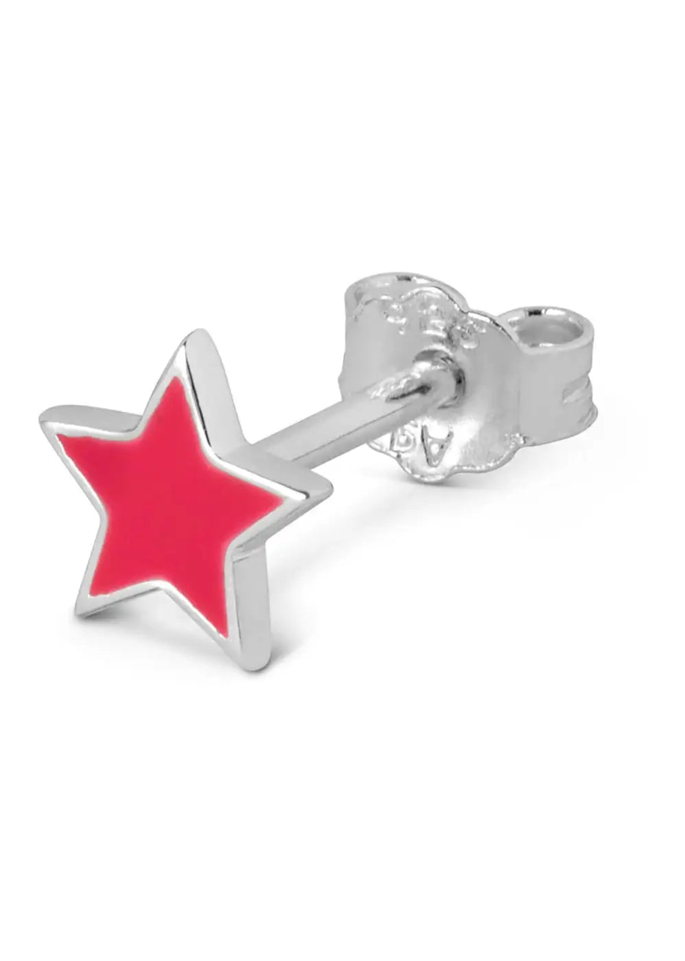 Silver star-shaped stud earring with bright pink enamel center on white background