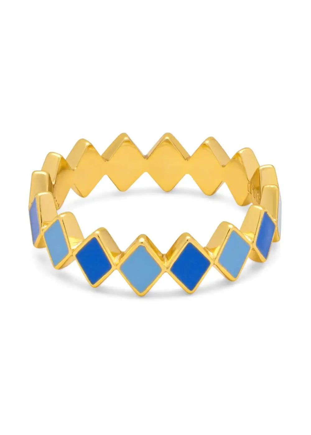 Gold plated zigzag ring with alternating blue and light blue enamel diamond shapes