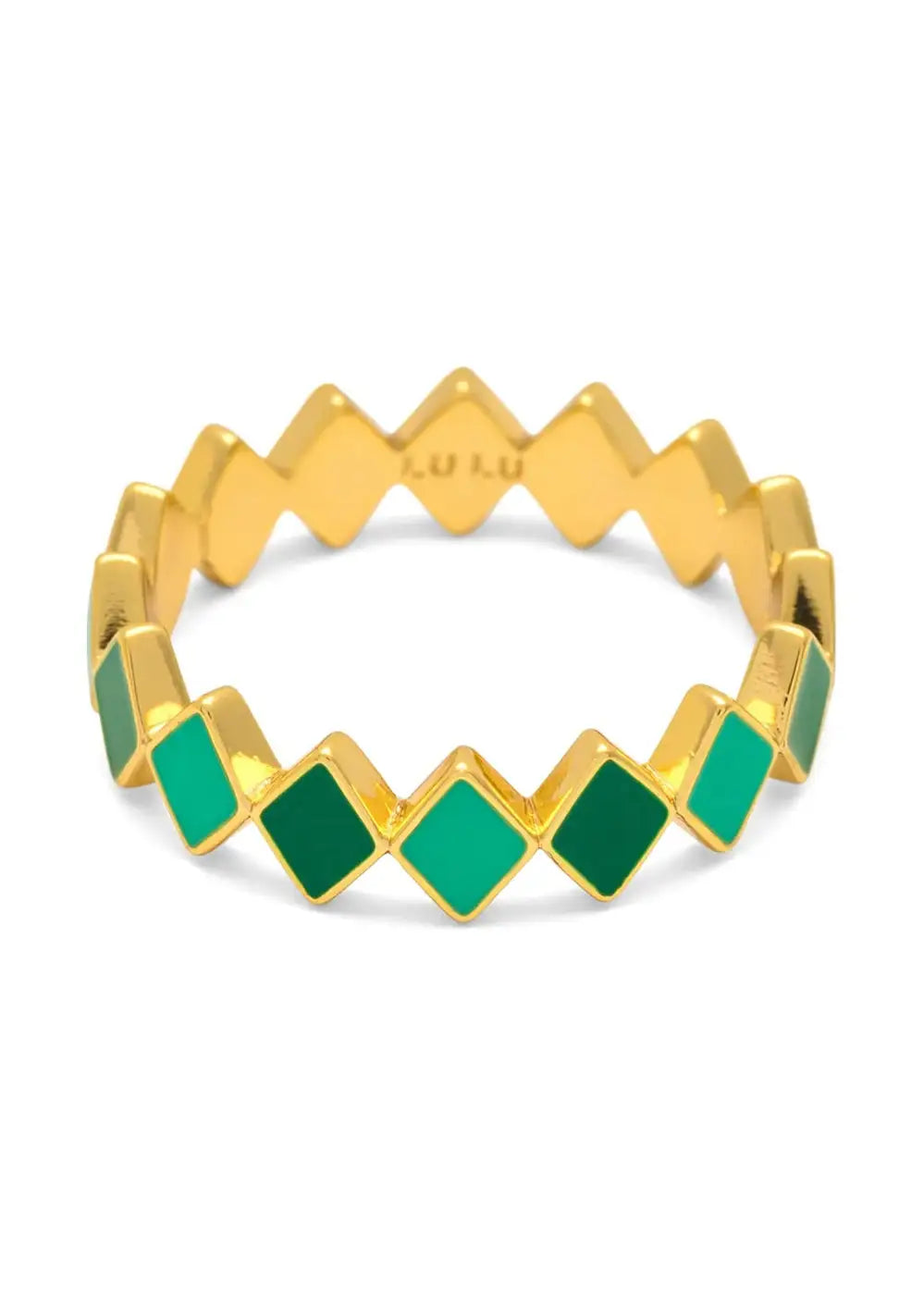 Gold plated zigzag ring with green enamel diamond shapes, geometric jewelry