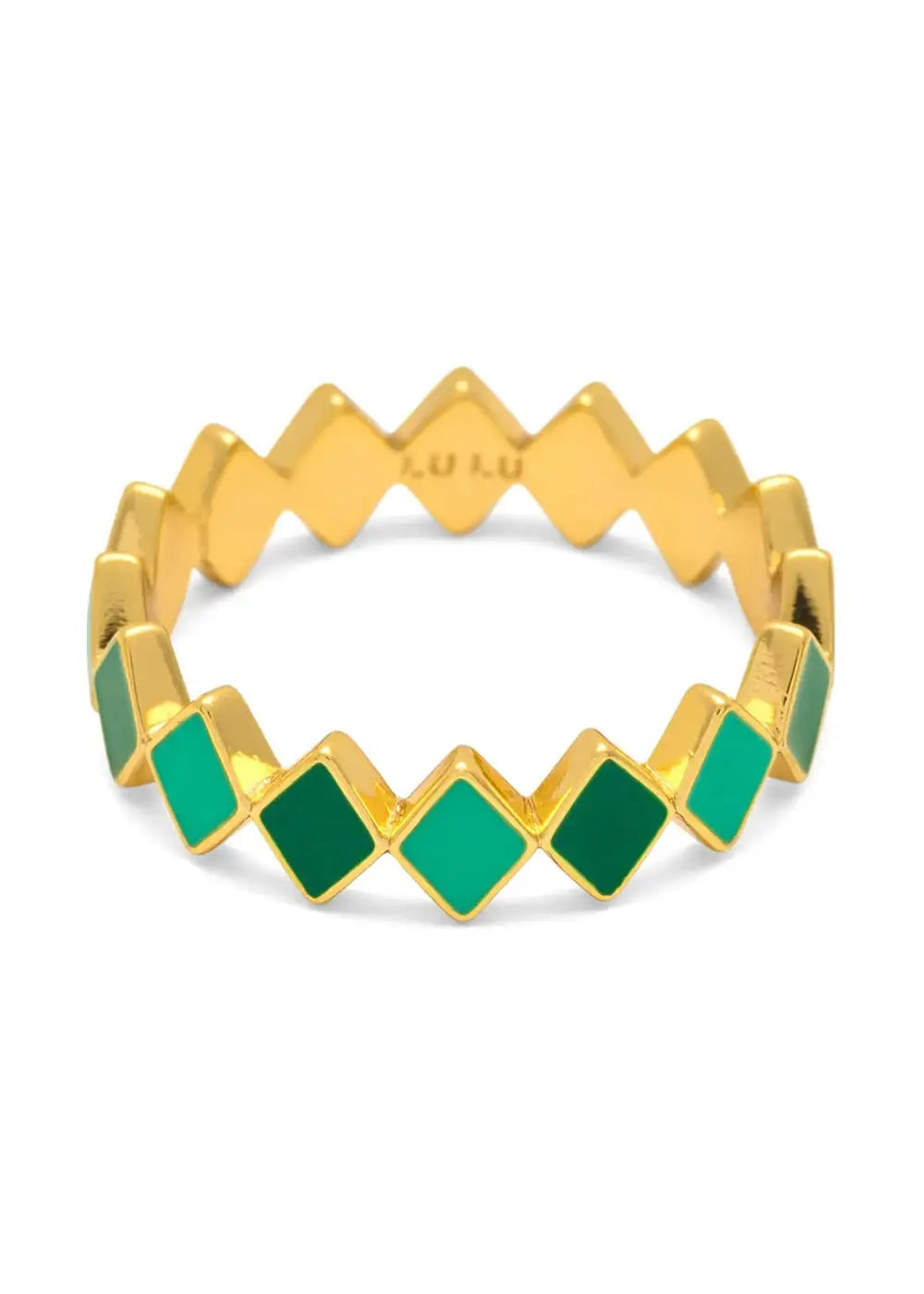 Gold plated zigzag ring with green enamel diamond shapes, geometric jewelry