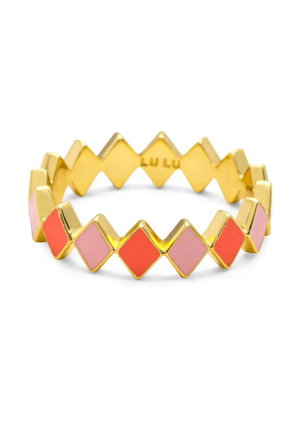 Gold plated ring with geometric pink and coral enamel diamond shapes, modern jewelry