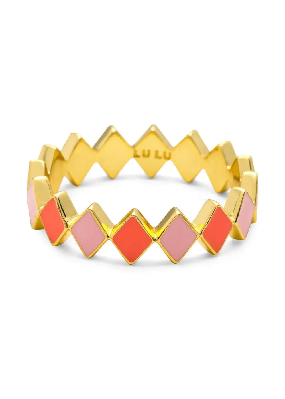 Gold plated ring with geometric pink and coral enamel diamond shapes, modern jewelry