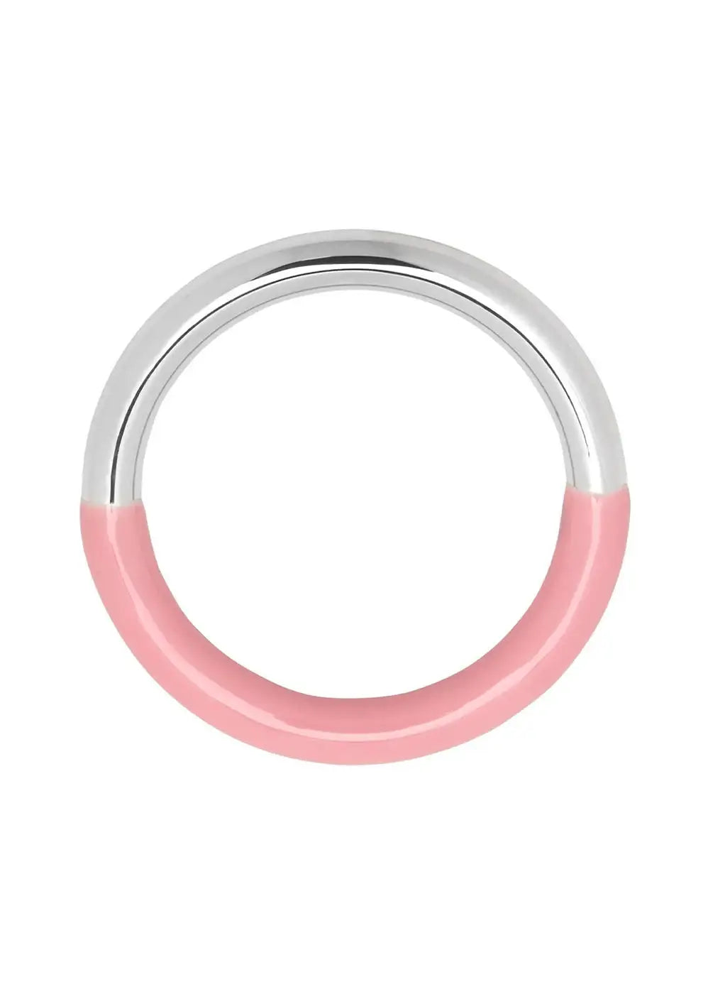 Silver ring with half light pink enamel detail on white background