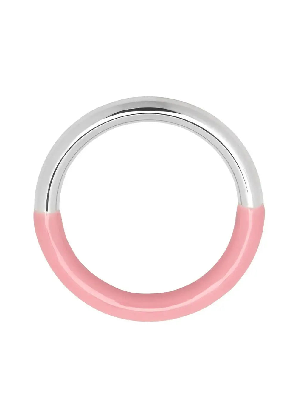Silver ring with half light pink enamel detail on white background