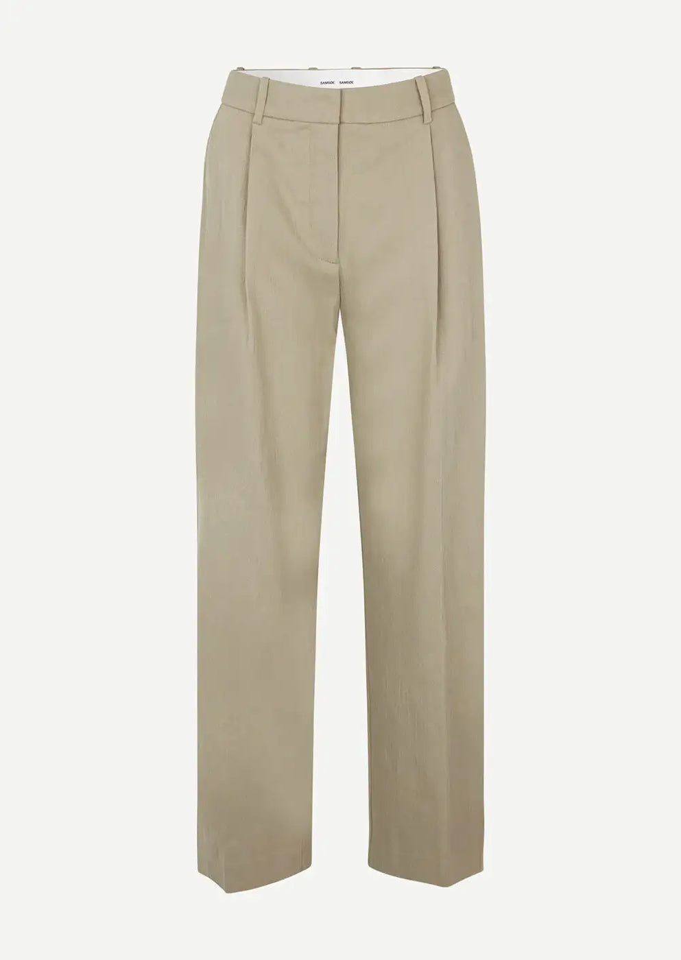 Beige linen tailored wide-leg trousers with pleats and belt loops on white background