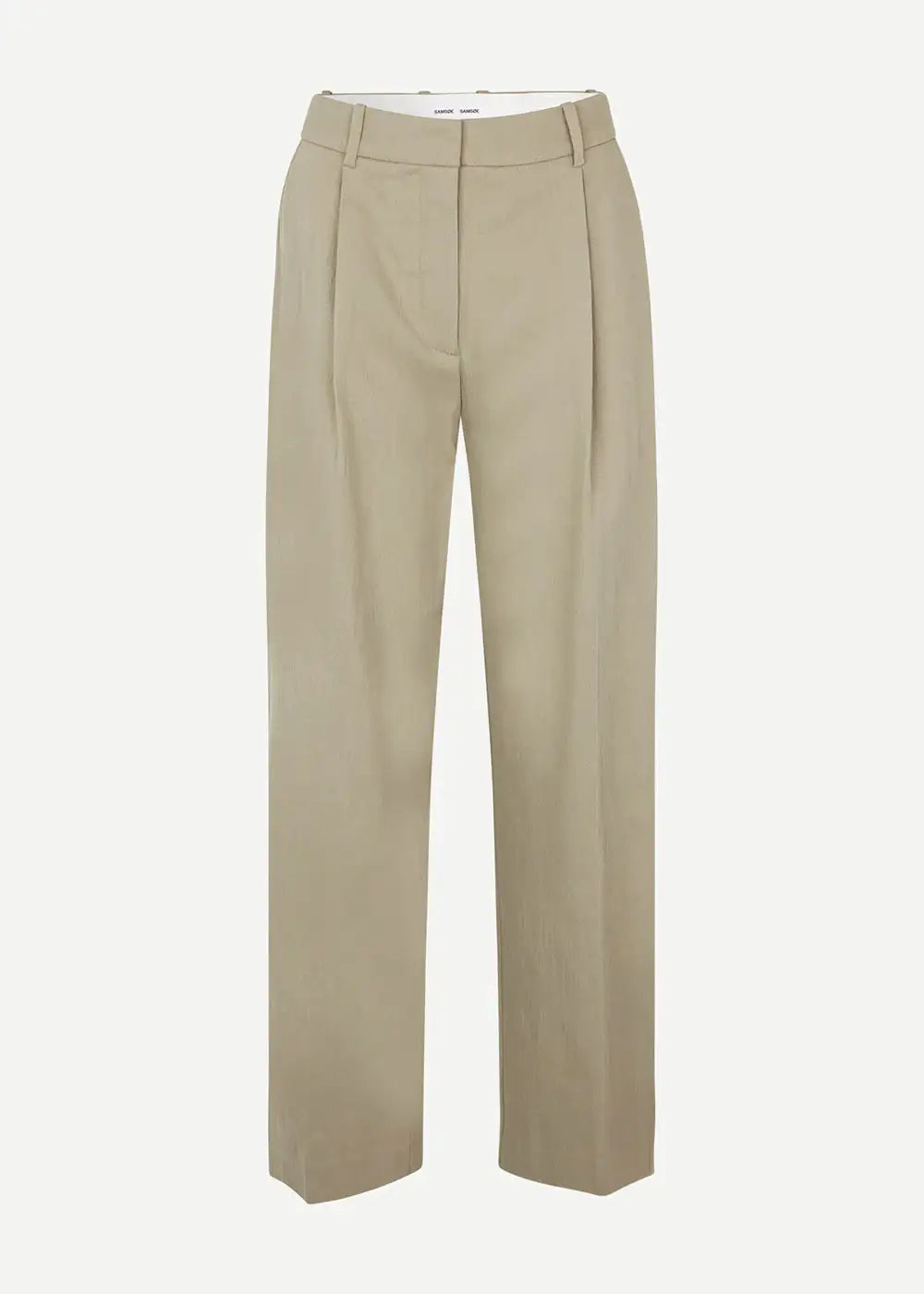 Beige linen tailored wide-leg trousers with pleats and belt loops on white background