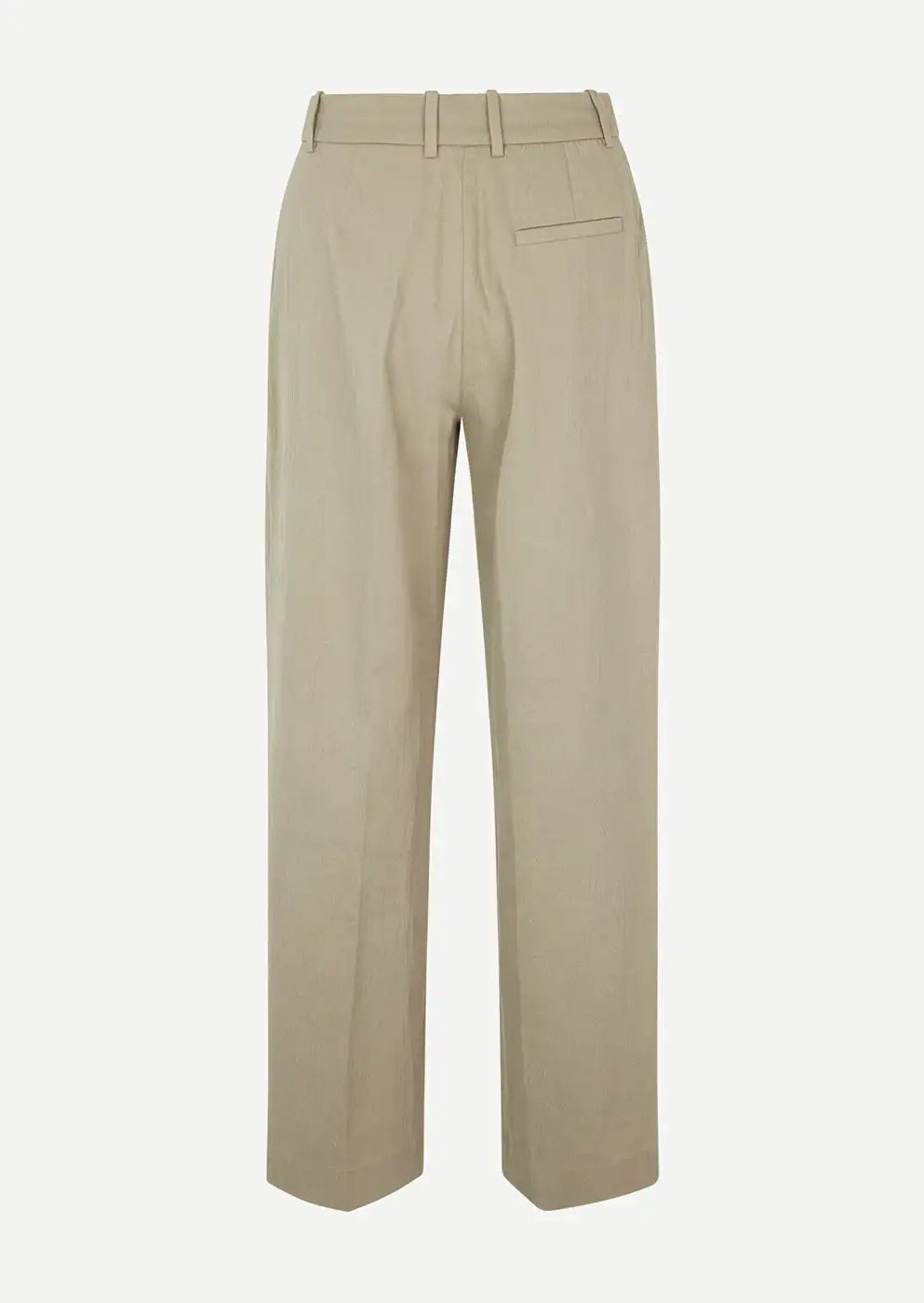 Beige tailored trousers with belt loops and back pocket, rear view on white background