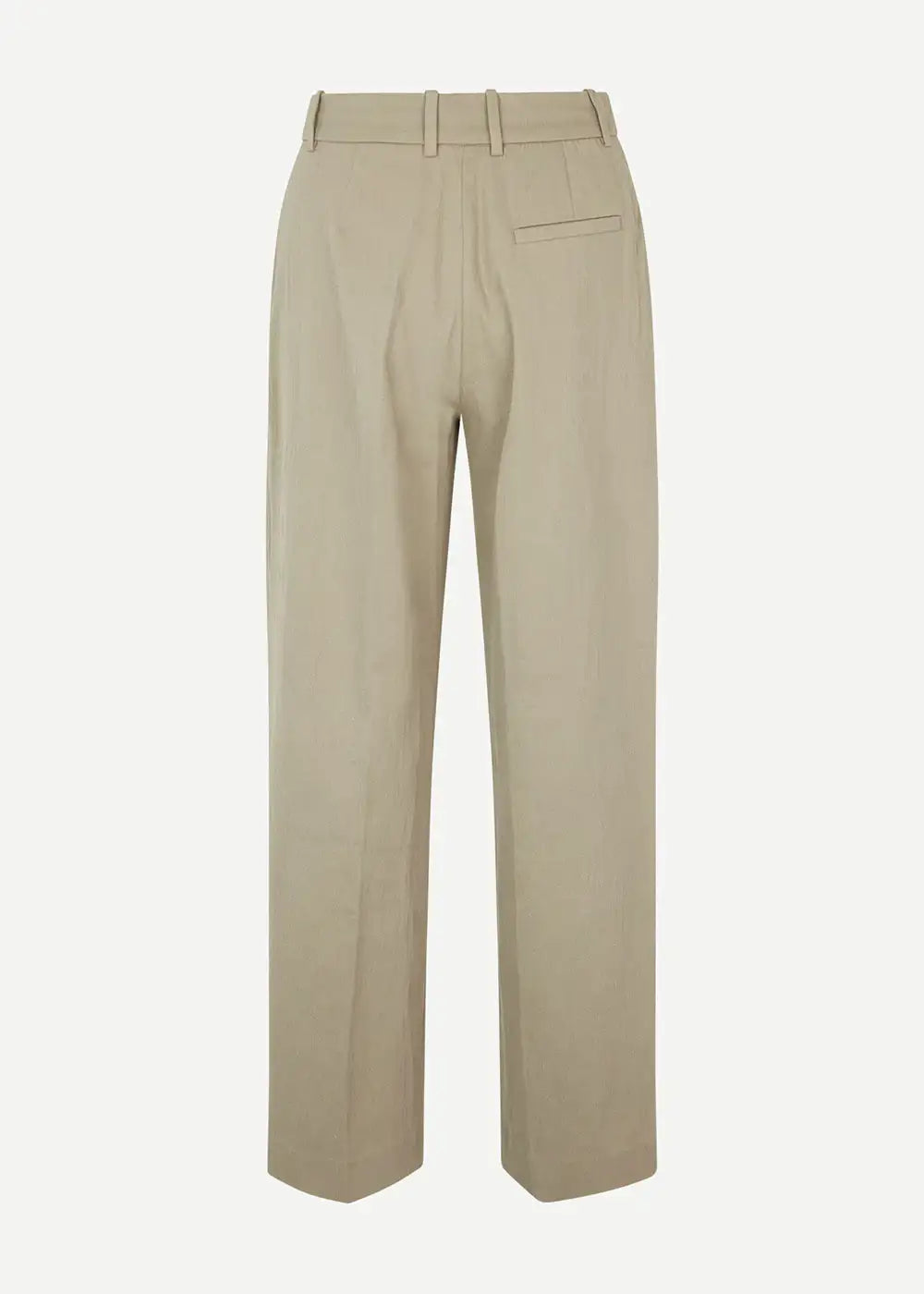 Beige tailored trousers with belt loops and back pocket, rear view on white background
