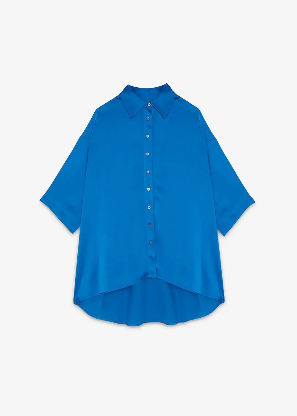 Bright blue oversized satin shirt with short sleeves and front button closure on white background