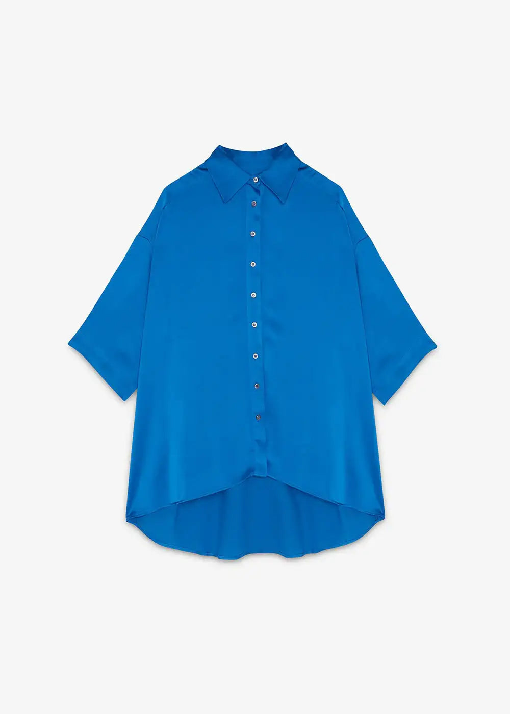 Bright blue oversized satin shirt with short sleeves and front button closure on white background