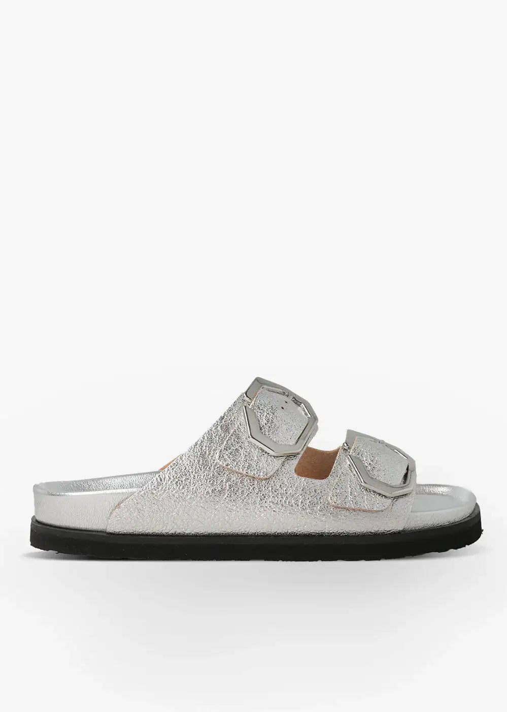 Silver double strap sandal with large buckles and black sole, fashion footwear