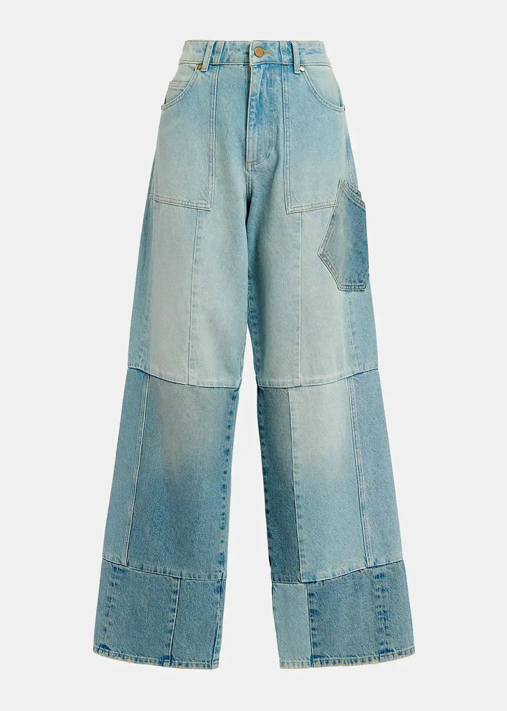 Women's light blue patchwork denim wide leg jeans with front and side pockets