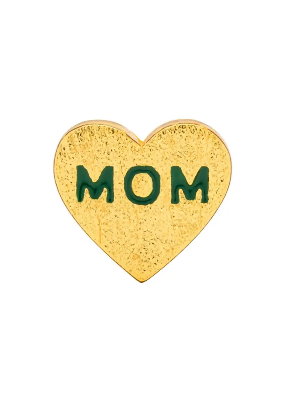 Gold heart-shaped stud earring with green 'MOM' lettering, textured finish