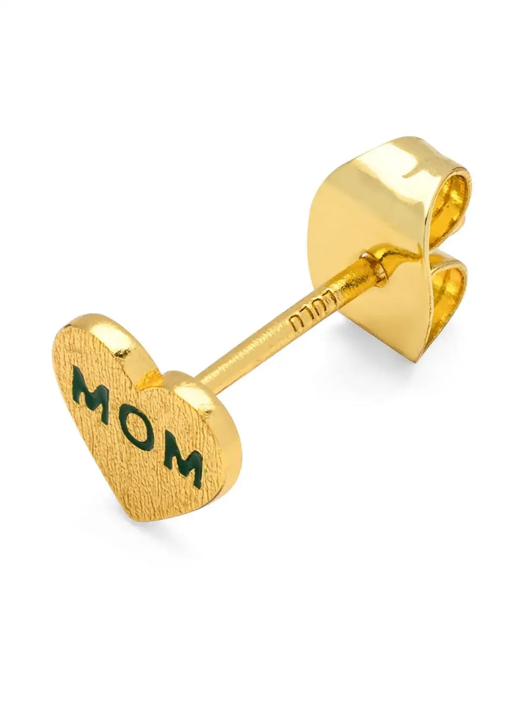 Gold plated heart stud earring with 'MOM' engraved in green letters on white background