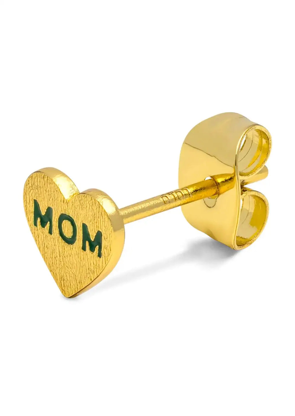Gold-plated heart-shaped ear stud with green 'MOM' text, jewelry close-up