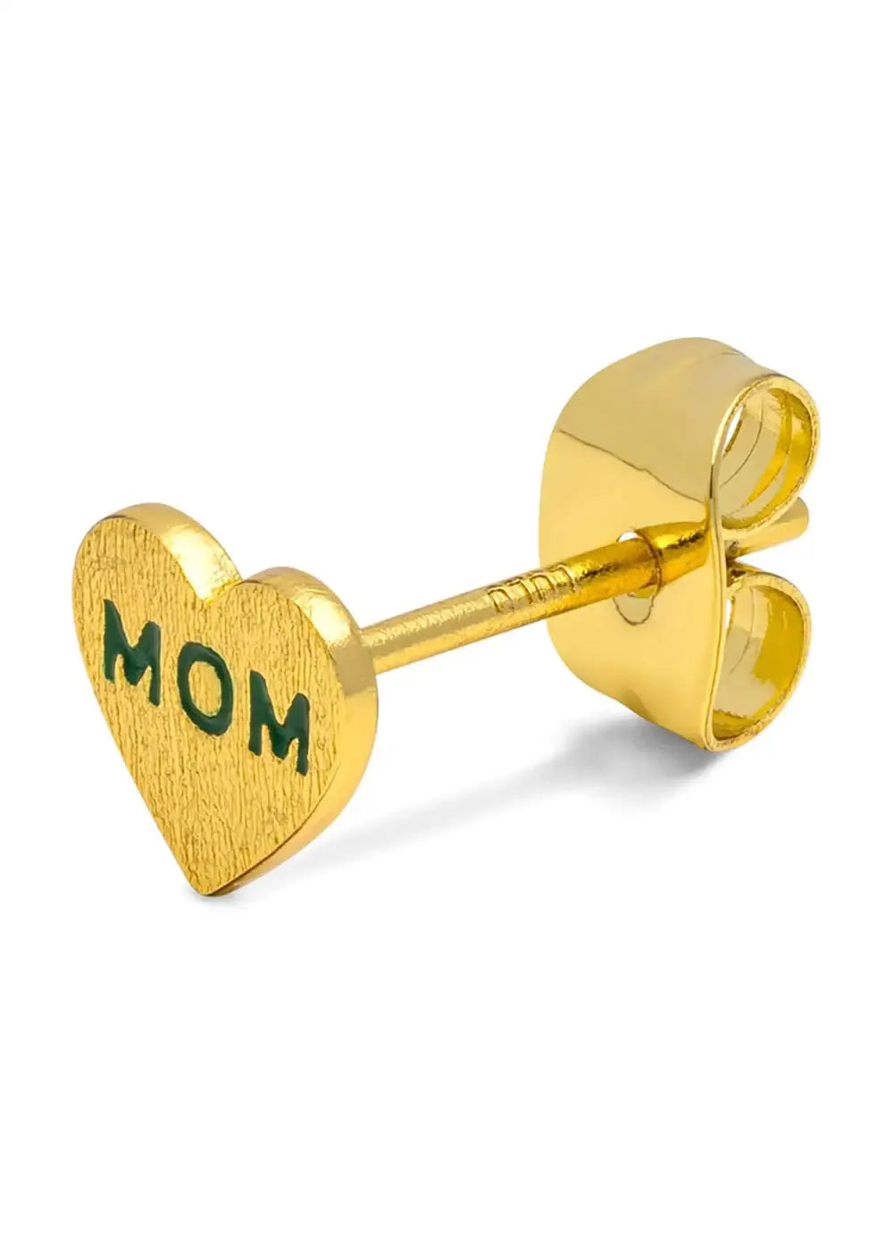 Gold-plated heart-shaped ear stud with green 'MOM' text, jewelry close-up