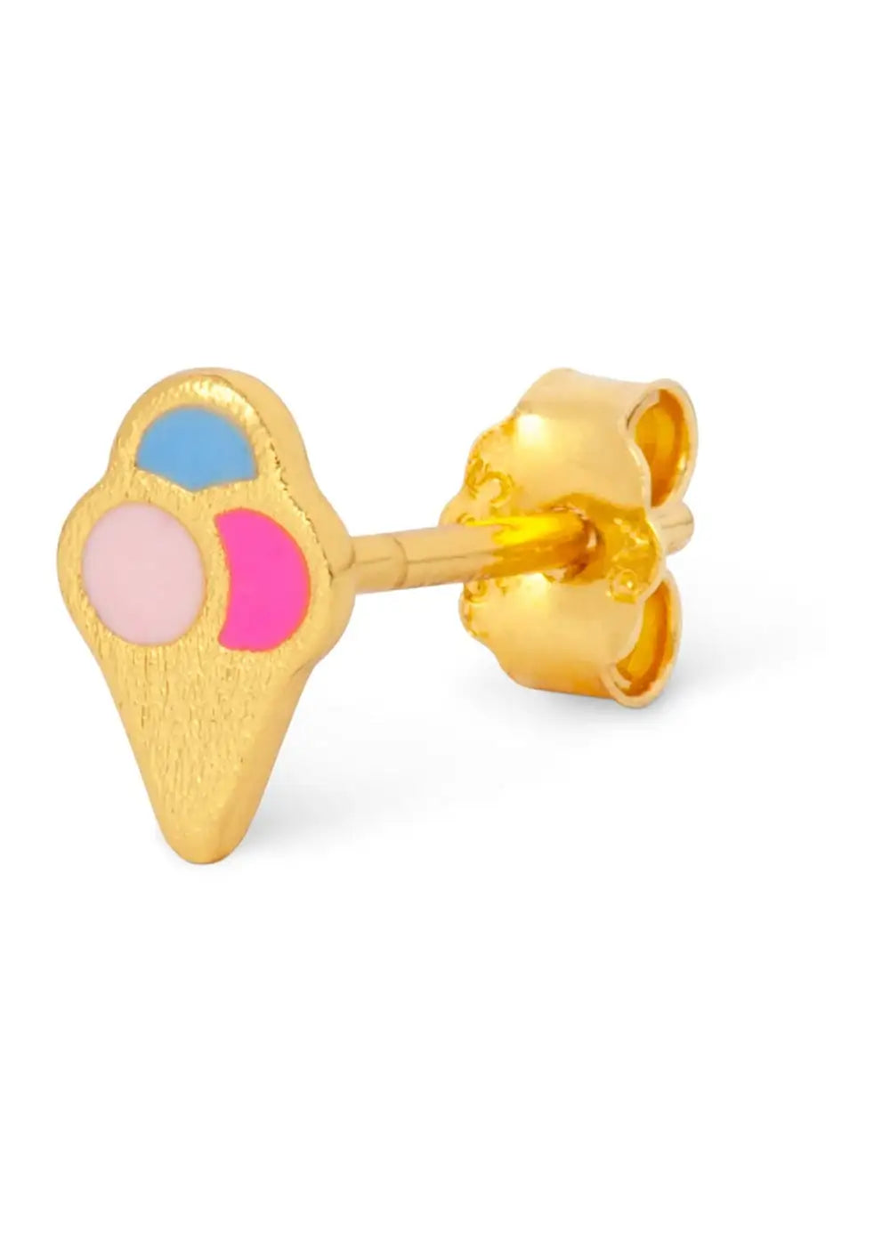 Gold plated ice cream cone stud earring with pastel pink, blue, and magenta enamel accents