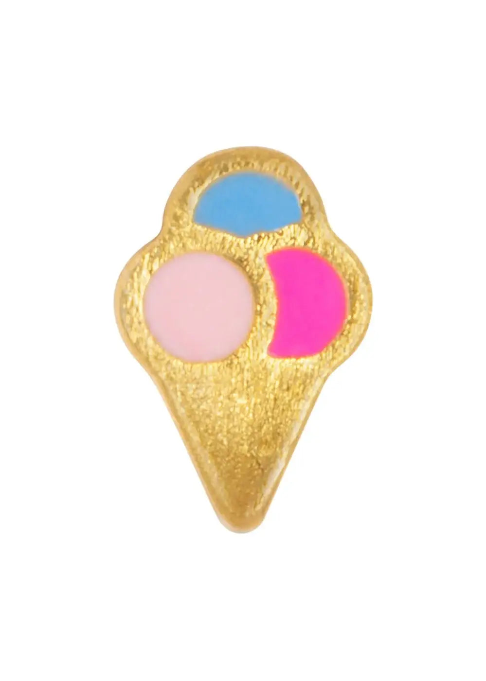 Gold plated ice cream cone stud earring with pink, blue, and purple enamel details