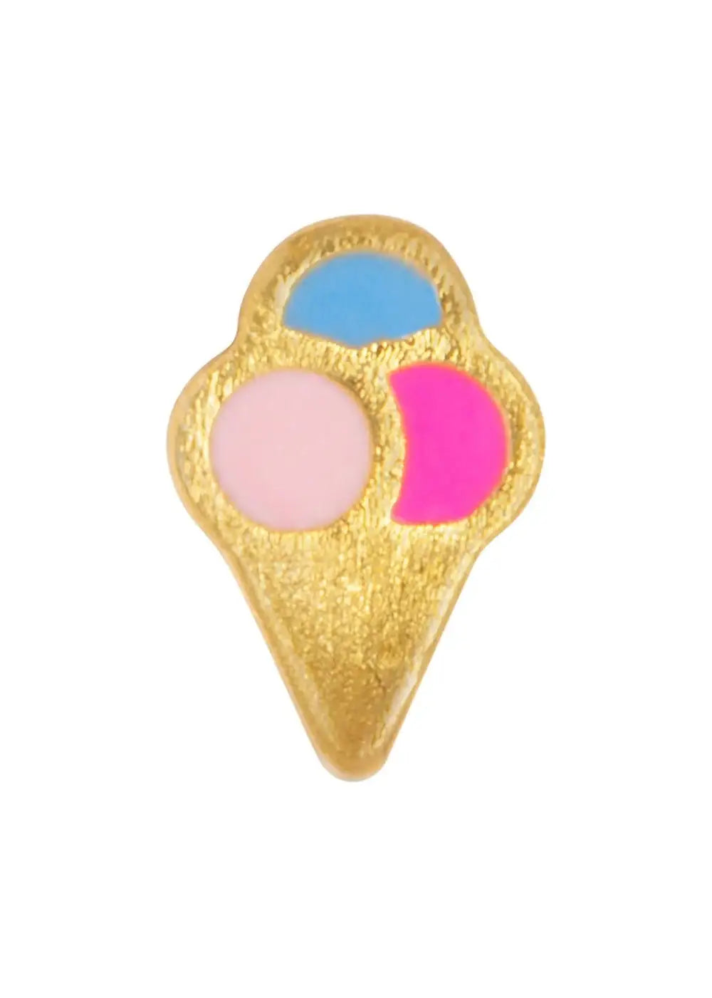 Gold plated ice cream cone stud earring with pink, blue, and purple enamel details