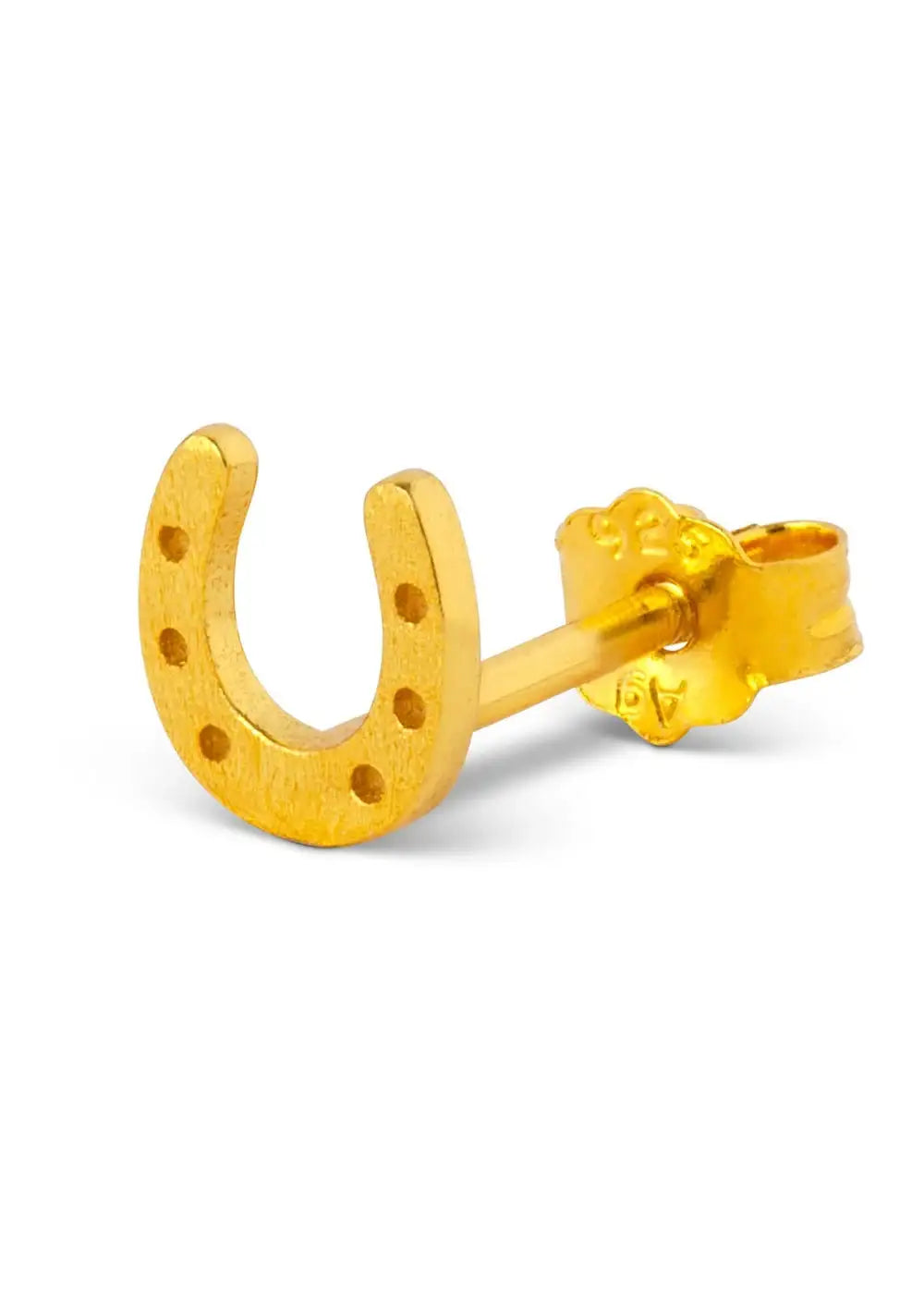 Gold plated horseshoe stud earring with six dot details on white background